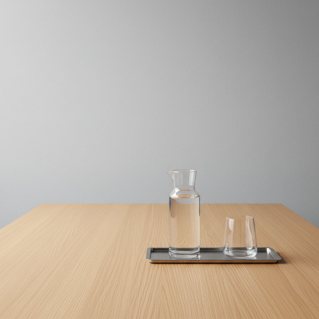 A serene, organized workspace featuring a gleaming glass water carafe with a matching tumbler, both resting on a slim, matte silver tray. The surface they sit on is a pristine, light oak table with crisp linear grain. Against a seamless, softly textured light gray background, the composition is uncluttered and spacious. Gentle overhead diffused lighting ensures there are no harsh reflections, but creates subtle cost shadows that add depth to the transparent glass. The camera captures the scene from eye-level with a rule of thirds balance, emphasizing cleanliness and attention to detail. The mood is composed and methodical, offering visual cues of attentive professional care within a minimalist, photographic environment.