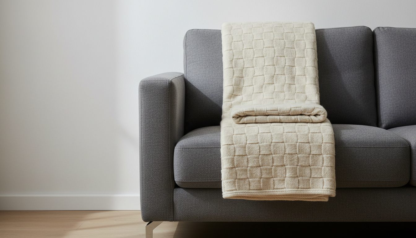 A neatly folded cream-colored woolen blanket with a finely textured surface, carefully draped over the backrest of a minimalist charcoal gray sofa with sleek, structured lines. Against a spotless, neutral-toned wall, the blanket’s soft shadow falls delicately on the sofa, highlighting the fabric’s gentle contours. The lighting is soft, indirect daylight filling the room, enhancing the blanket’s tactile appeal without overwhelming brightness. Shot from a side angle at sofa height with the blanket in crisp focus and the background gently blurred, the image conveys a warm, inviting, yet supremely organized mood. The overall composition and neutral palette embody photography-driven, minimal styling suitable for a professional elder care services website.